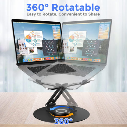 Swivel Laptop Stand for Desk, Adjustable Height Aluminum Computer Stand with 360 Rotating Base, Foldable Ergonomic Riser, Portable Laptop Holder Compatible with MacBook, All Laptops 10-17'', Grey