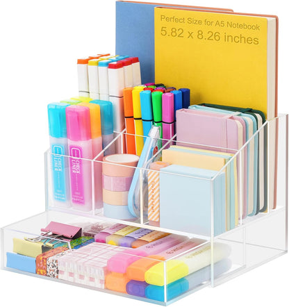 VITVITI Acrylic Desk Organizer, Upgraded Clear Pencil Organizer for Desk, 7 Compartments Stationary Pen Organizer Storage with Drawer, for Office Supply, 500+ Pencils Capacity