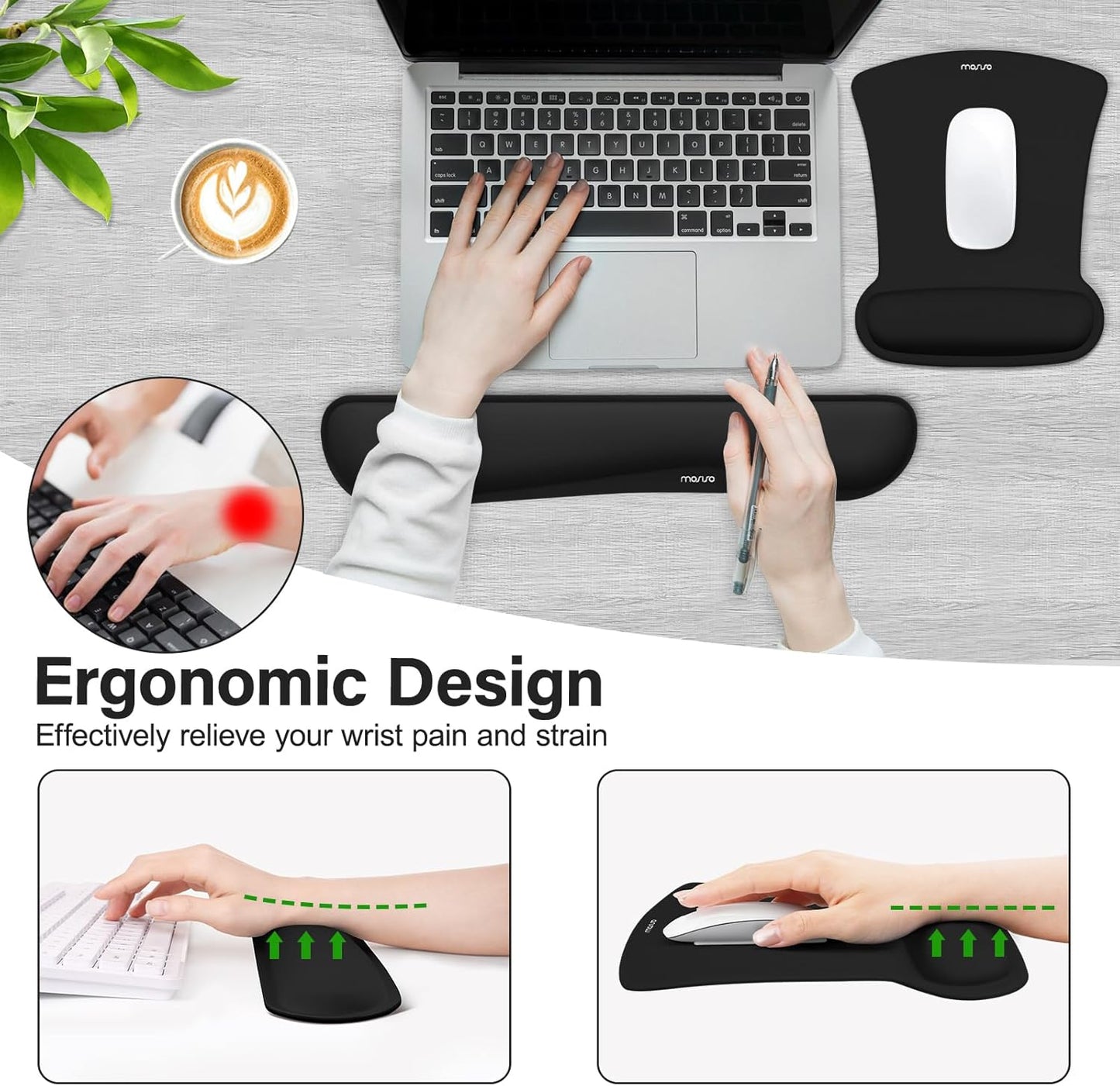 MOSISO Wrist Rest Support for Mouse Pad & Keyboard Set, Ergonomic Mousepad Non-Slip Base Home/Office Pain Relief & Easy Typing Cushion with Neoprene Cloth & Raised Memory Foam, Apricot