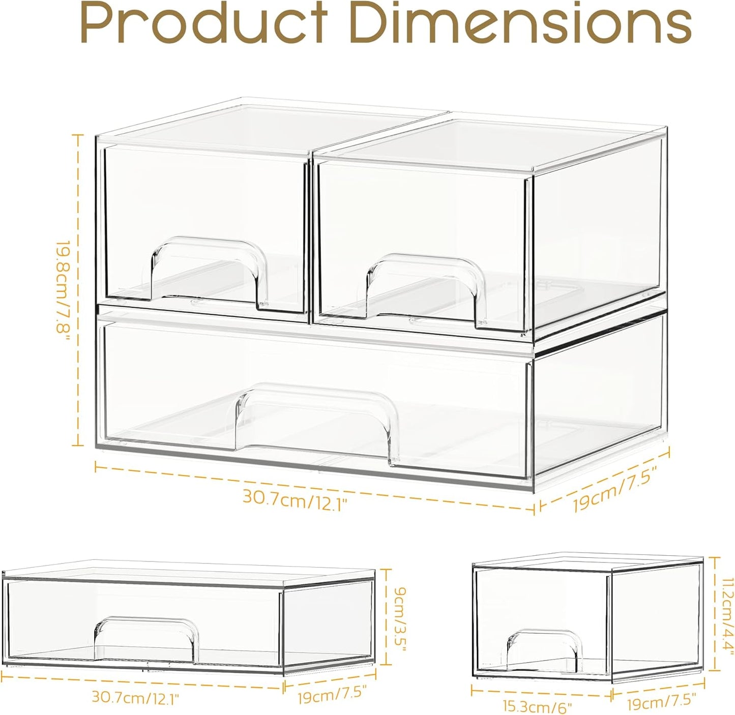 Criusia Stackable Storage Drawers, 4 Pack Clear Plastic Makeup & Bathroom Organizer, Versatile Storage Bins for Vanity, Under Sink, Kitchen Cabinets & Pantry