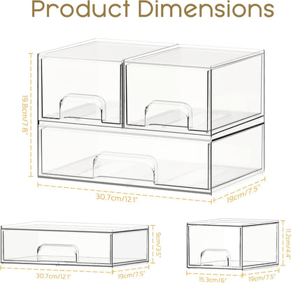 Criusia Stackable Storage Drawers, 4 Pack Clear Plastic Makeup & Bathroom Organizer, Versatile Storage Bins for Vanity, Under Sink, Kitchen Cabinets & Pantry