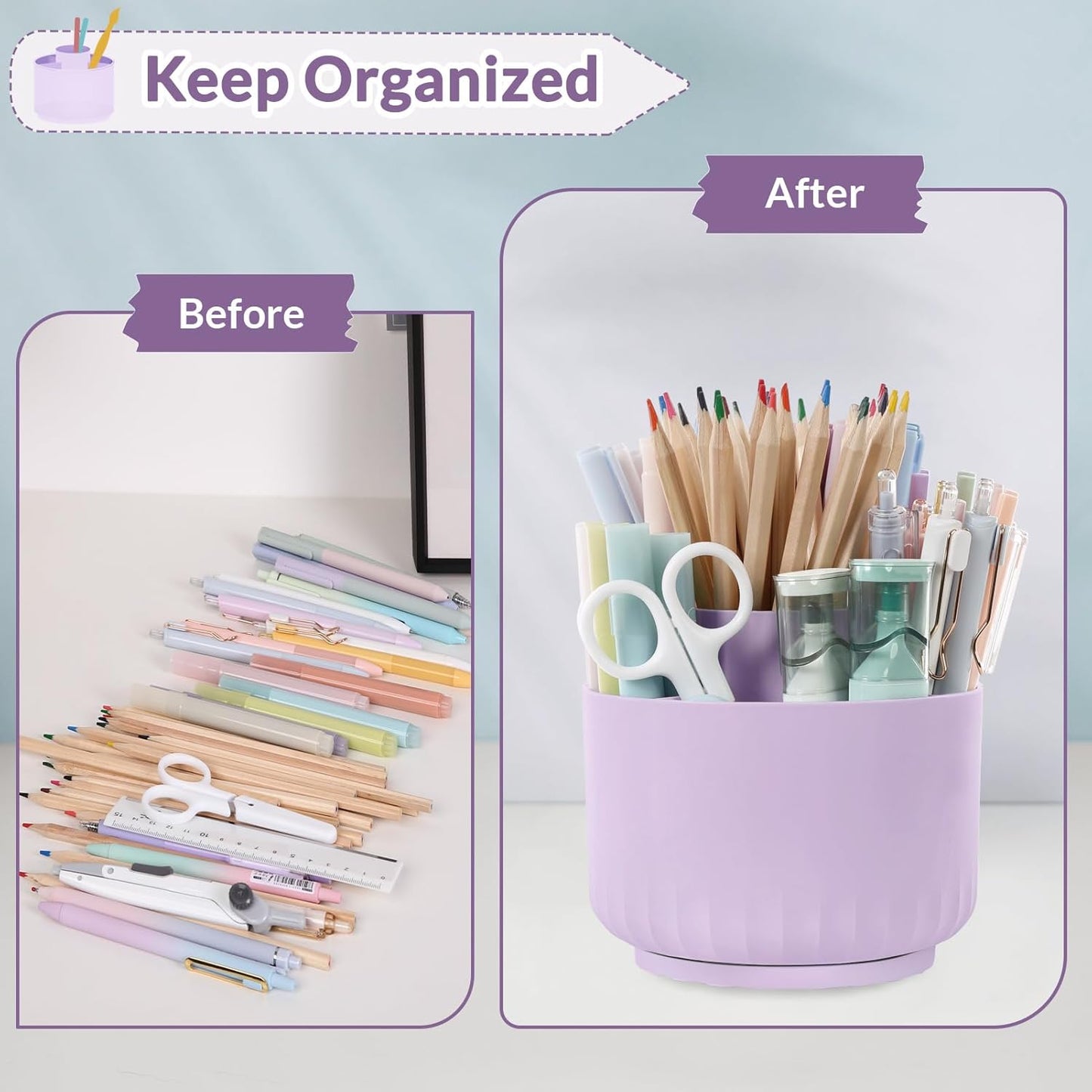 SKYDUE 360 Degree Rotating Pencil Pen Holder for Desk, Dual-Purpose Desk Organizer, Rotating Pencil Cup with 5 Slots, Office Supplies, Desk Decor for Office, School, Home