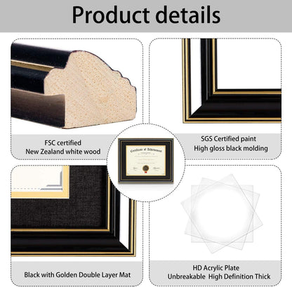 ELSKER&HOME Diploma Frame - Wide Solid Wood Frame - Black Velvet Golden Rim Mat - Semi-Tempered Glass - Includes Hanging Hardware and Desktop Easel(ONLY Display 11×14 Document/Certificate)