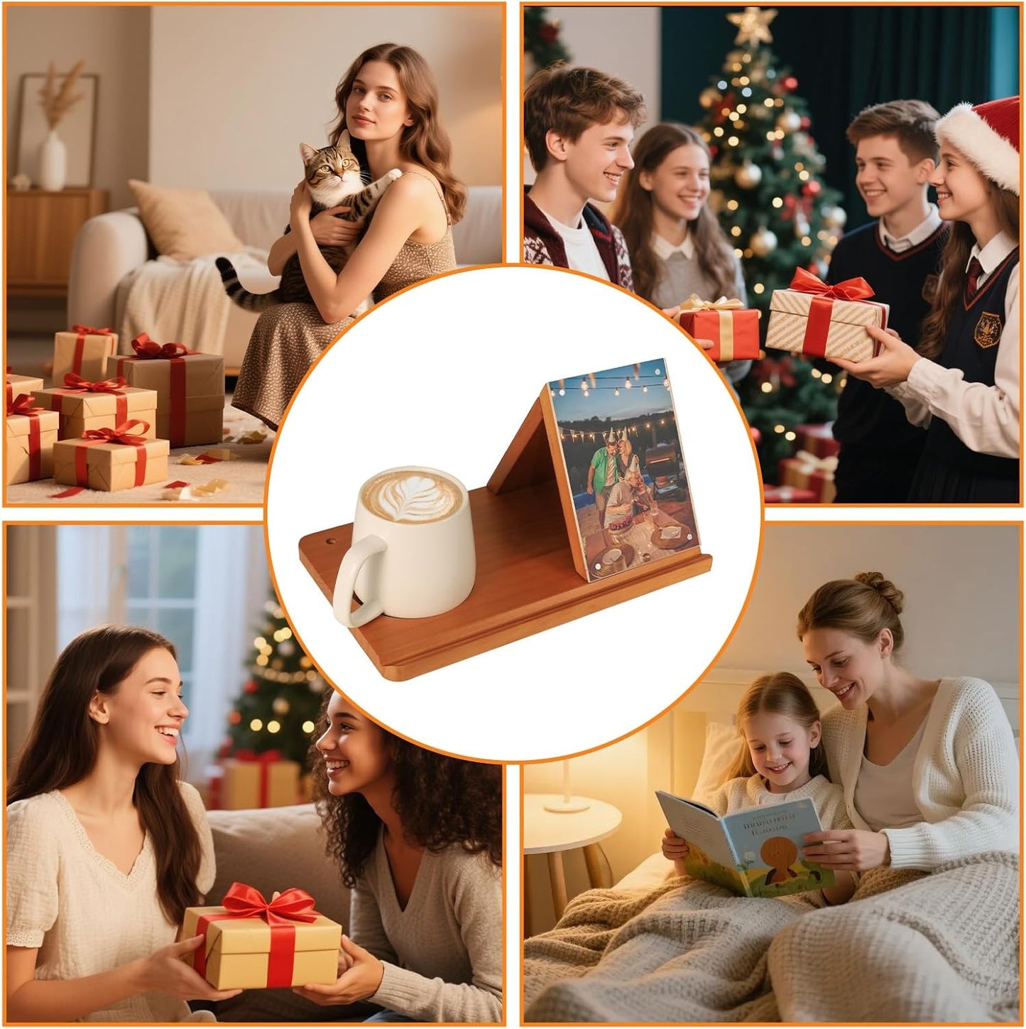 Wood Desktop Book Stand for Reading Rest Birthday and Mothers Day Gifts, Book Page Holder Thumb Bookmark,Magnet Couple Photo or Note, Book Accessories, Triangle Book Nook with Cup for Book Lovers
