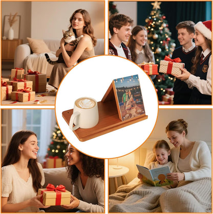 Wood Desktop Book Stand for Reading Rest Birthday and Mothers Day Gifts, Book Page Holder Thumb Bookmark,Magnet Couple Photo or Note, Book Accessories, Triangle Book Nook with Cup for Book Lovers