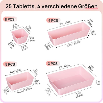 Vtopmart 25 PCS Clear Plastic Drawer Organizers Set, 4-Size Versatile Bathroom and Vanity Drawer Organizer Trays, Storage Bins for Makeup, Bedroom, Kitchen Gadgets Utensils and Office