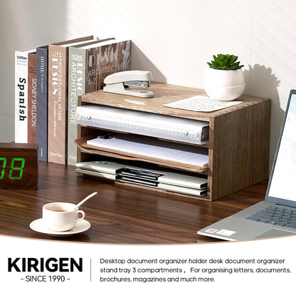KIRIGEN Wooden Desktop Organizer Paper Storage Letter Tray File Sorter - Desk Rack Magazine File Dividers Holders for Home Office Accessories Wood Desk Cabinet with 3 Layer Trays Natural(3KWJG-NA)