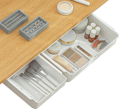 Under Desk Drawer, 2 Pack Large and Medium Hidden Self-Adhesive Under Desk Organisers for Storage of Cutlery, Office Supplies, Stationery and Cosmetics (White-2)