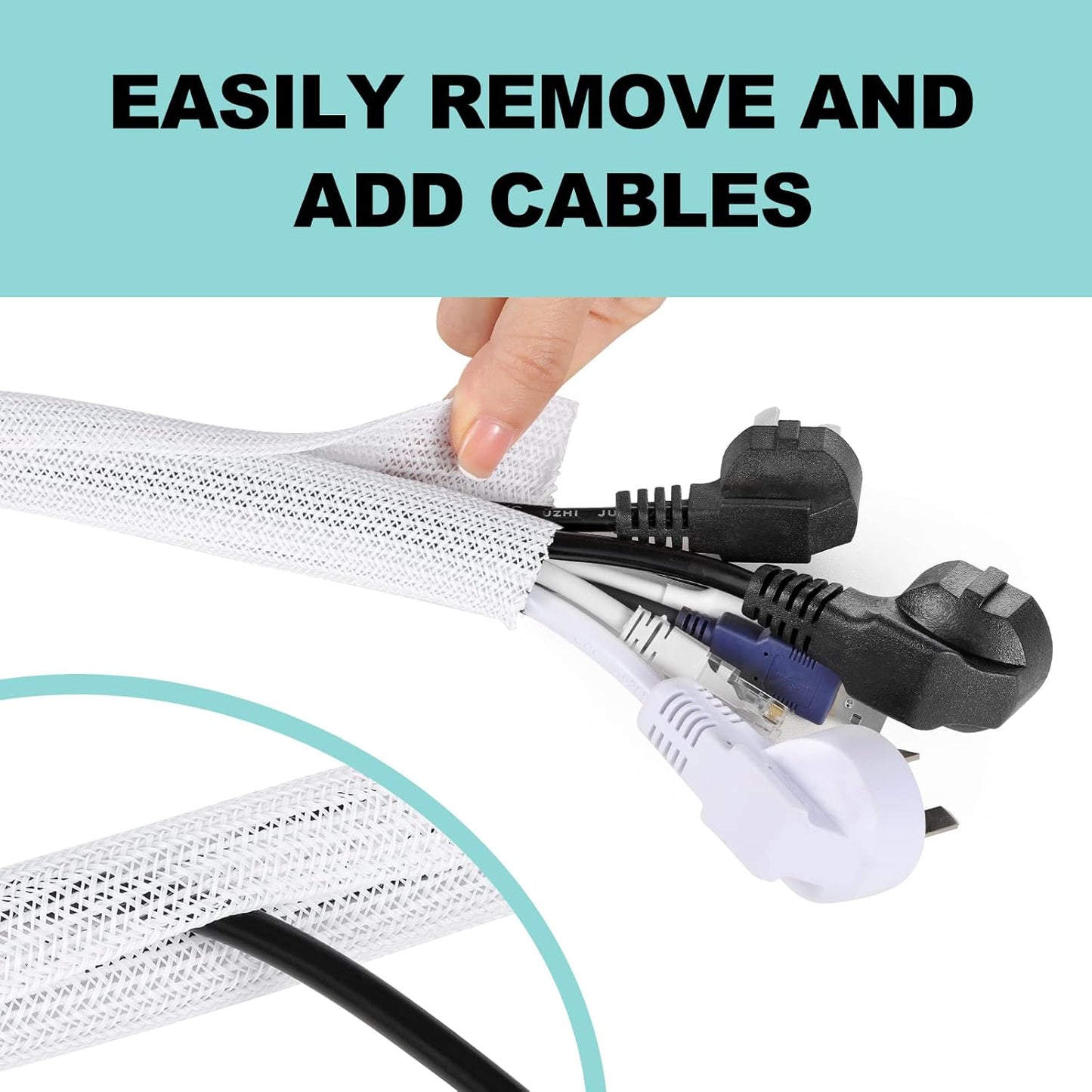 AGPTEK White Cable Sleeve, 2 Pack 5ft - 1.2 Inch Cable Management, Desk Cord Cover Organizer Wire Hider for Computer TV Wire Loom Tubing, Pet Proof Cord Protector from Cat Dog Chewing, White