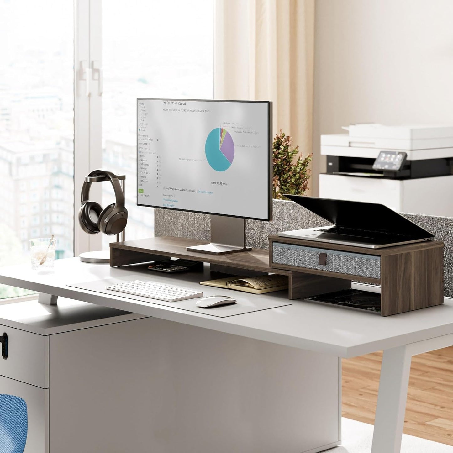 Fenge Computer Monitor Riser Stand with Drawer for 2 or 3 Monitors ,Adjustable Length and Angle Desktop Laptop Stand,Office Organizer,Printer,Black