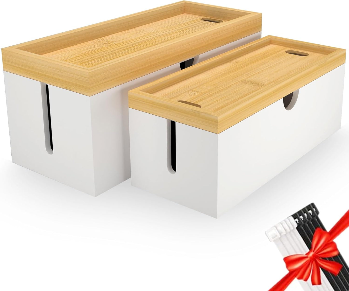 Bamboo Cable Management Box, Large Cord Organizer Box Cable Box to Hide Wires & Power Strips for Desktop Storage Cord Holder for Office Home,No Assembley Required (All White, Large)