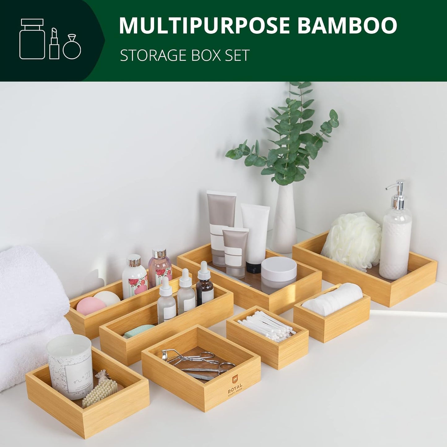 ROYAL CRAFT WOOD 5-Piece Bamboo Drawer Organizer Set – Multi-Use Storage Trays for Kitchen, Bathroom, Office, Makeup, Jewelry & More – Junk Drawer Tray, Utensil Holder, Storage Box & Bin Set (5 Boxes)