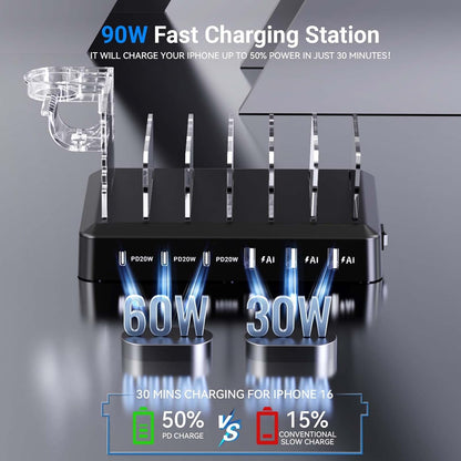Charging Station for Multiple Devices,60W 6 Port Charger Station with 7 Mixed Charging Cables,USB Charging Dock,Compatible with Cellphone,Tablet, Kindle, iPhone iPad and More (White)