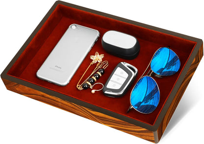 Wooden Valet Tray with Velvet Lining, EDC Desktop Catchall Organizer, Storage Tray for Jewelry, Wallets, Watches, Keys, Glasses, Perfect for Nightstand, Dresser, Entryway Bedside