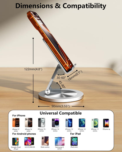Phone Stand for Desk, 360° Rotating Dual Adjustable Foldable Holder, Heavy Solid All-Aluminum Base Anti-Slip Stable Support for Home Office Study, Fits iPhone Galaxy 4-8" Phones (Silver)