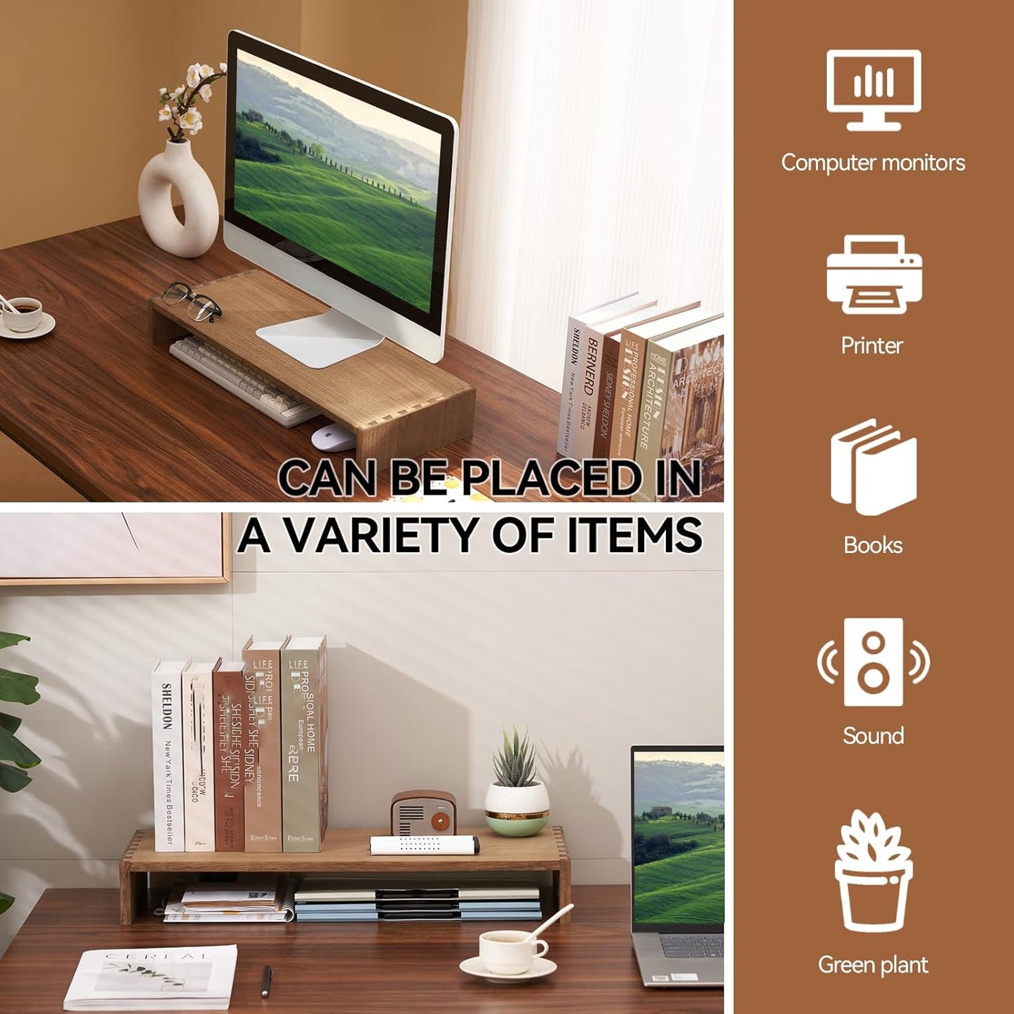 KIRIGEN Monitor Stand Wooden - Desk Stand Wood for Computer/Laptop/TV Printer - Monitor Arms & Stands Desk Riser for Office Desktop Workspace Organizers Platforms Stands (39,Dark Brown)