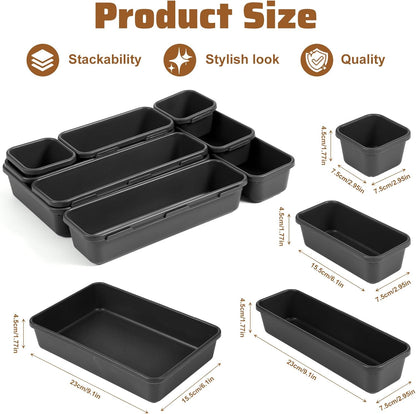 9 Pcs Stackable Drawer Organizer Trays Set, Versatile Desk and Vanity Drawer Organizer Trays, Storage Bins for Makeup, Bathroom, Bedroom, Kitchen and Office Stackable Storage Trays