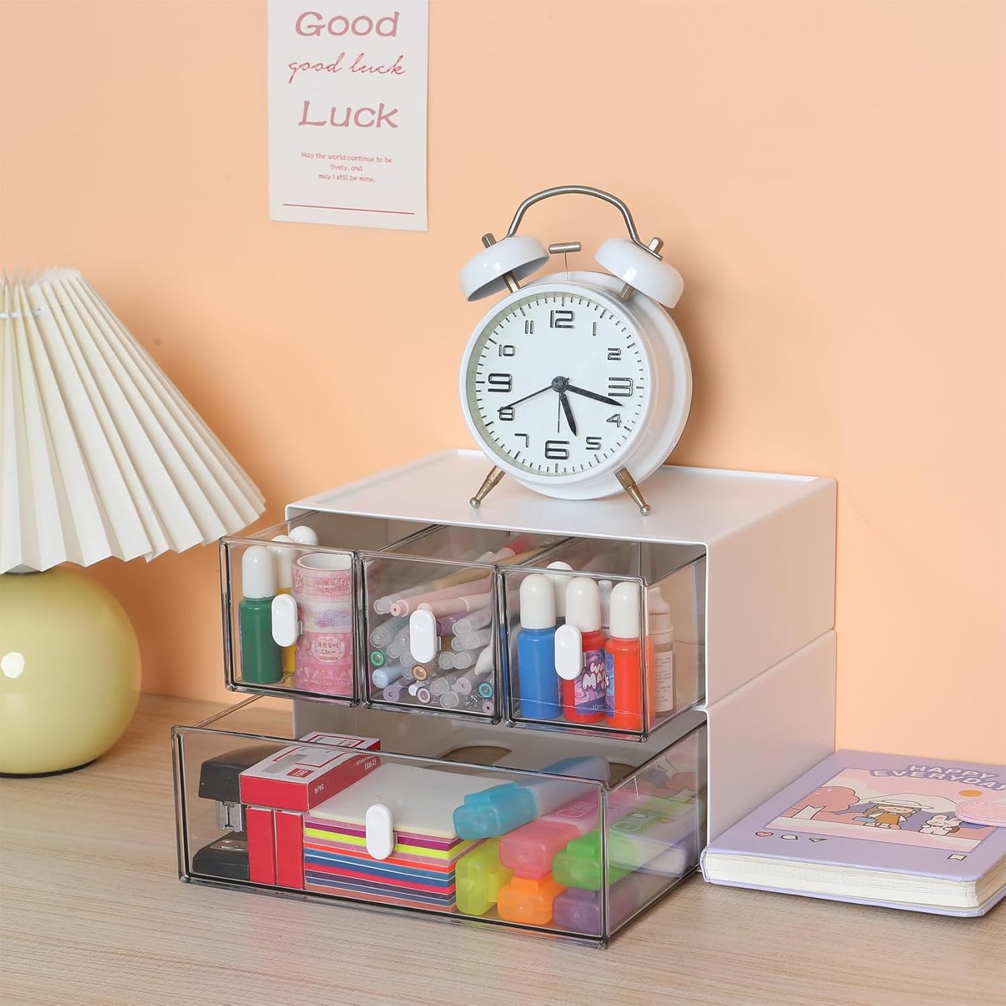 Desktop Storage Drawers, Plastic Desk Organizer with 3 Drawers, Modular Stackable Toolbox Units for Office Stationary, Makeup Container, Bathroom Countertop (1 Tall Layer, Cream & Clear)