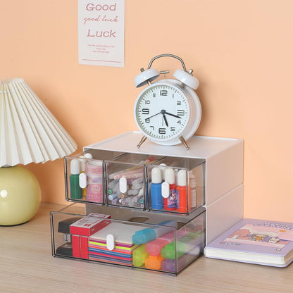 Desktop Storage Drawers, Plastic Desk Organizer with 3 Drawers, Modular Stackable Toolbox Units for Office Stationary, Makeup Container, Bathroom Countertop (1 Tall Layer, Cream & Clear)