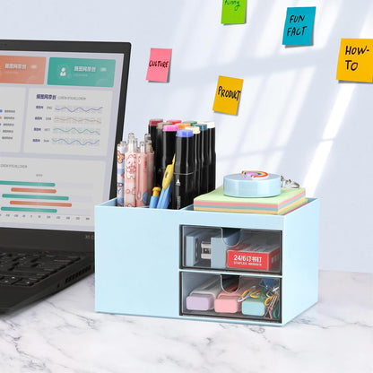 LETURE Office Desk Organizer with drawer, Office Supplies and Desk Accessories, Business Card/Pen/Pencil/Mobile Phone/Stationery Holder Storage Box (White)
