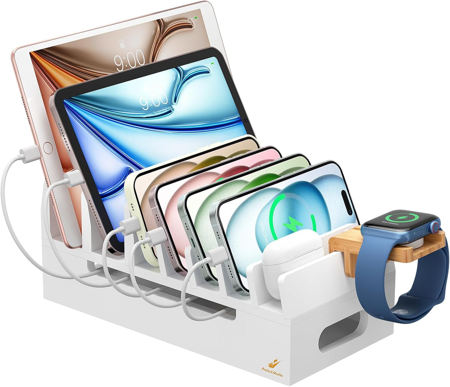 Pezin & Hulin Bamboo Charging Station for Multiple Devices with 5 Port USB Charger, 5 Cables and Watch Stand. Wood Desktop Docking Stations Organizer for Cell Phone, Tablet, Watch, Office Accessories