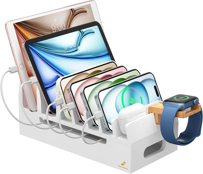 Pezin & Hulin Bamboo Charging Station for Multiple Devices with 5 Port USB Charger, 5 Cables and Watch Stand. Wood Desktop Docking Stations Organizer for Cell Phone, Tablet, Watch, Office Accessories