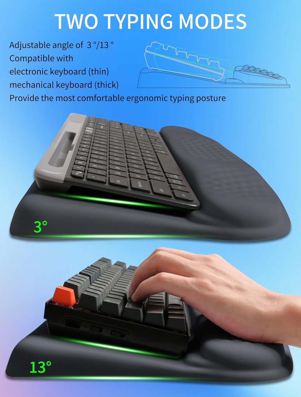 Ergonomic Wave Wrist Rest with Keyboard Stand, Cushioned Palm Rest, Comfortable Integrated Memory Foam for Natural Typing and Relieve Wrist Pain, Dark Night Black