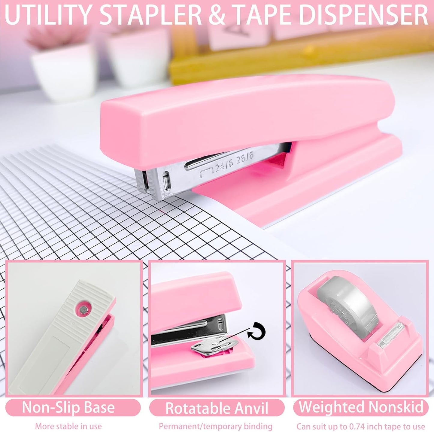 Purple Desk Accessories, 17Pcs Purple Office Supplies Set with Stapler, Mesh Desk Organizer, Tape Dispenser, Staple Remover, Pen Holder, Clips, Pens, Ruler, for Office Home School Women Students Gift