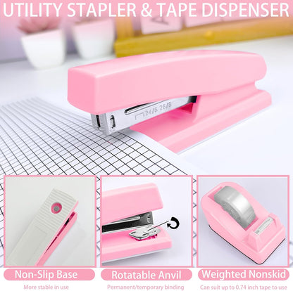 Purple Desk Accessories, 17Pcs Purple Office Supplies Set with Stapler, Mesh Desk Organizer, Tape Dispenser, Staple Remover, Pen Holder, Clips, Pens, Ruler, for Office Home School Women Students Gift