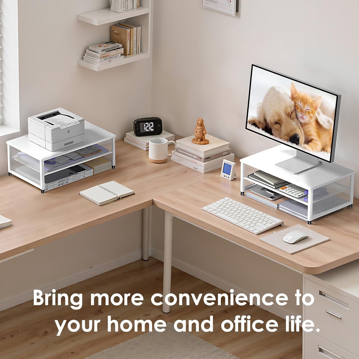 ECOLOVI 2-Tier Computer Monitor Stand Riser, Desk Organizer for Monitor, Printer & Laptop Stand, Desktop Workspace Organizers for Office Supplies(Black)