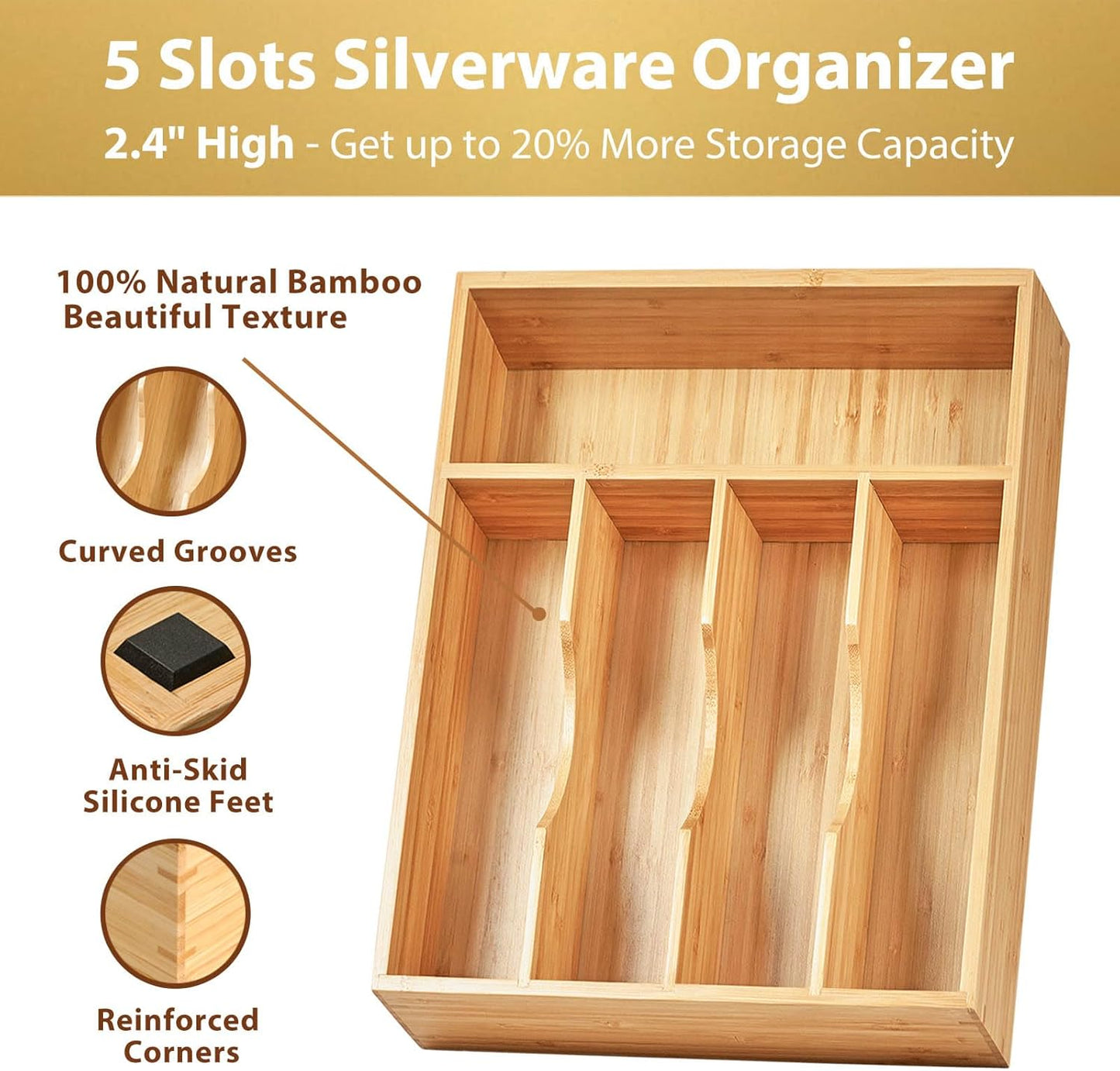 Umilife Bamboo Kitchen Drawer Organizer, 13 Inch Silverware Utensil Tray Holder, Extra Deep Grooved Drawer Divider, 7 Slots Total Bamboo Wood Caddy for Flatware Cutlery Knives, Forks, Spoons