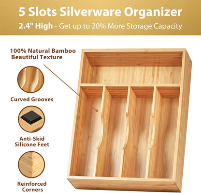 Umilife Bamboo Kitchen Drawer Organizer, 13 Inch Silverware Utensil Tray Holder, Extra Deep Grooved Drawer Divider, 7 Slots Total Bamboo Wood Caddy for Flatware Cutlery Knives, Forks, Spoons