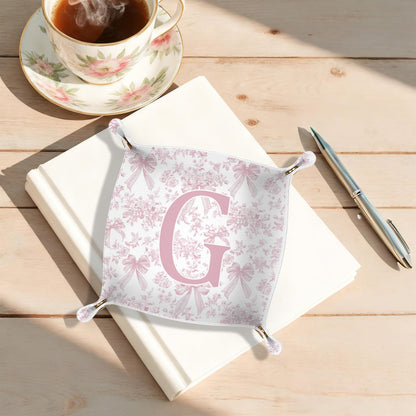 Gifts for Mom Initial Valet Tray,Pink Personalized Gifts for Women Mom Grandma Girlfriend,Nightstand Desk Accessories PU Leather Tray Organizer for Birthday Christmas Gift Ideas (B)
