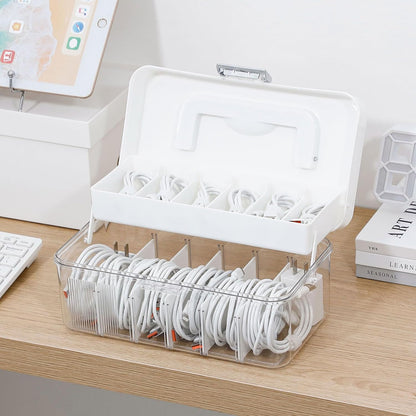 Large Cable Organizer Box with Lid, Plastic Cord Storage Case with Handle and Wire Ties for Home Office, Phone Charger, Art Crafts, Stationery