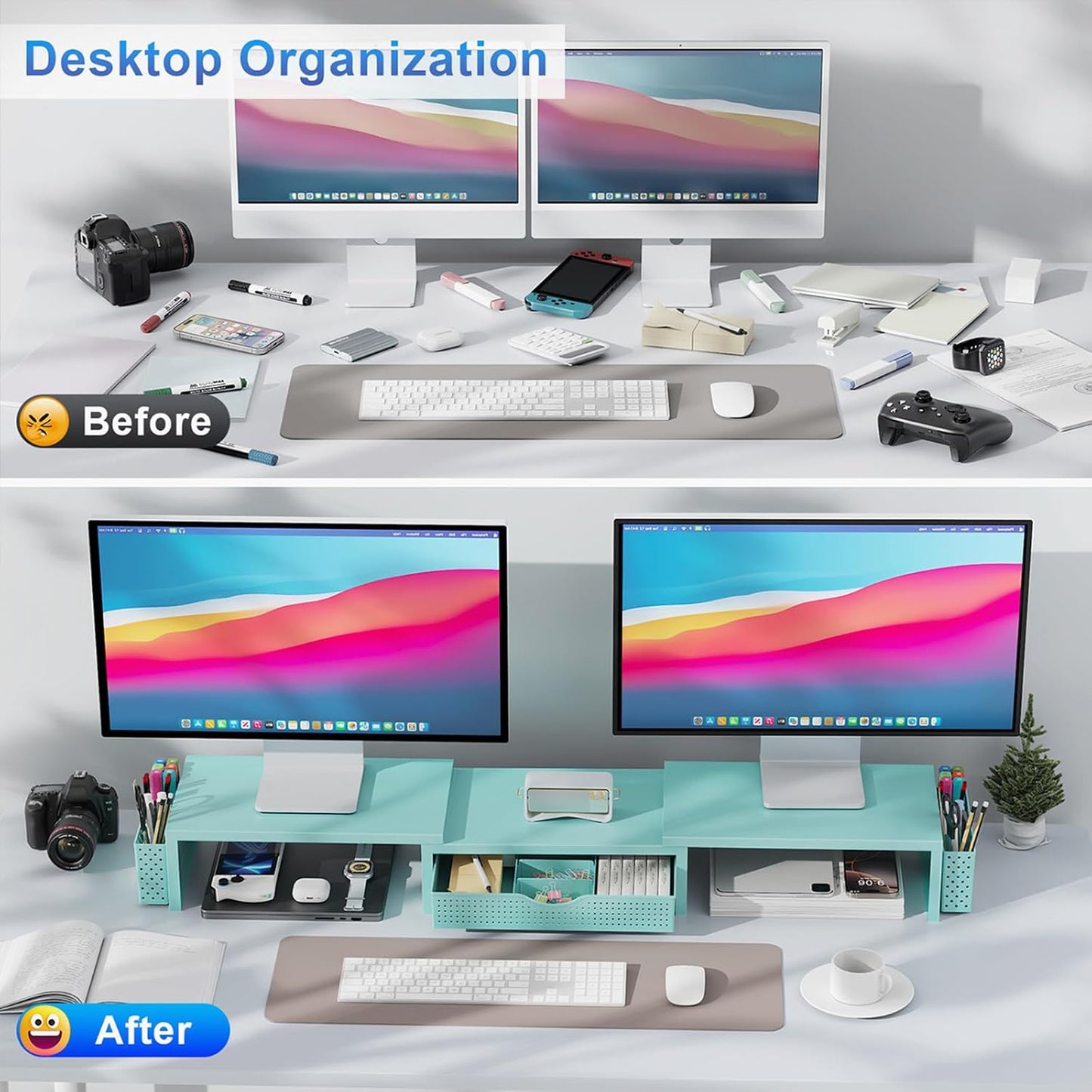 gianotter Dual Monitor Stand Riser, Desk Organizer With Drawer and 2 Pen Holders, Computer Monitor Stand, Shelf for Top of Desk, Black