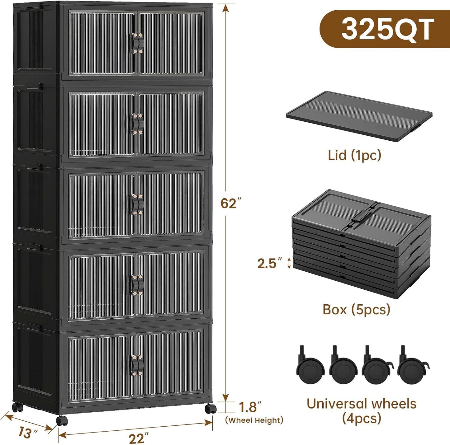 SAILUN 145Gal/580Qt Collapsible & Stackable Storage Bins with Door & a Lid,Perfect for Blanket Storage, Pillow Organizer, Bedroom Closet & Living Room, Black 26" W x 17" D x 71" H