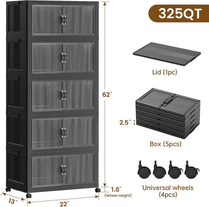 SAILUN 145Gal/580Qt Collapsible & Stackable Storage Bins with Door & a Lid,Perfect for Blanket Storage, Pillow Organizer, Bedroom Closet & Living Room, Black 26" W x 17" D x 71" H