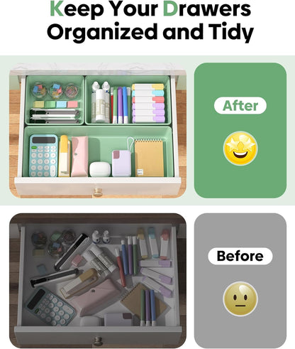 10 Pack Large Size Plastic Drawer Organizers Set, 3 Sizes Desk Drawer Organizer Trays, Storage Bins for Vanity, Makeup, Bathroom, Kitchen Utensils and Office (Black)