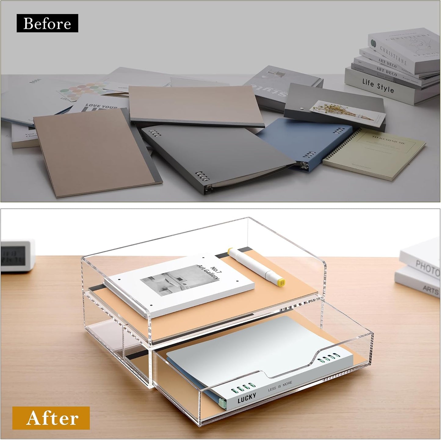 SANRUI Desk Organizer with Sliding Drawer Desk Organizers and Accessories for Office Organization and Storage, Acrylic File Organizer Drawer Stackable 2-Tier Paper Organizer,Clear