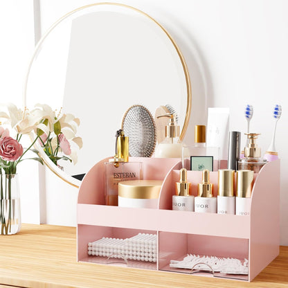 Makeup Organizer with Drawers, Cosmetic Storage for Dresser Vanity and Bathroom Countertop, Beauty Holder for Lipstick Brush, Skincare Organizer for Vanity, Cosmetic Display Case (White)