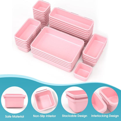 StoreHappily 10 PCS Drawer Organizer Set, 4 Size Makeup Drawer Divider Organizer With Non-Slip Pads, Interlocking Plastic Storage Bins for Office,Jewelry Vanity,Gadgets, Bathroom,Kitchen, Black