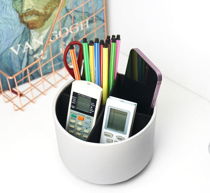 Hennaja Round Leather Art Supply Organizer,Remote Control Holder,360 Degree Rotating,Multi-Functional Pencil Holder,4 Compartments Desktop Stationary Organizer(1-Blue Bird) - Colors C