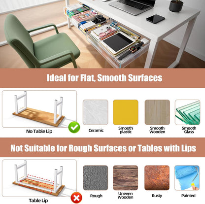 TooCust 3 Pack Under Desk Drawer Slide Out Storage Organizer, Clear White 3 Sizes (S/M/L), Dual-Mount Hidden Table Tray for Tablets, Planners & Office Supplies