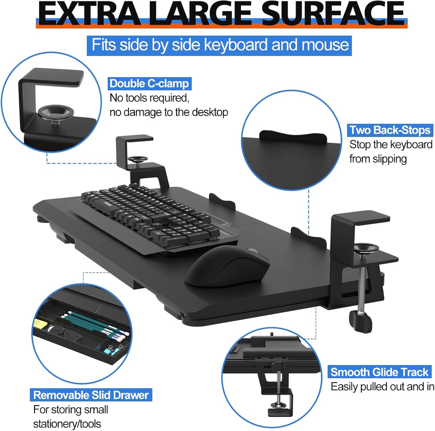 Large Keyboard Tray Under Desk Slide Out with Sturdy C-Clamp Mount and Storage Drawer, 27" (31" Including Clamps) x 12" Ergonomic Keyboard Trays for Home and Office, Black