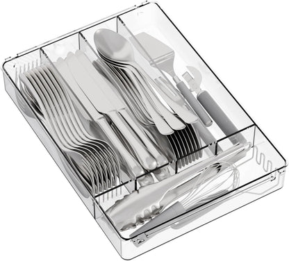 Yieach Clear Small Silverware Organizer 9 inch Wide for Kitchen Drawers,BPA Free Silverware Trays and Plastic Silverware Dividers & Holder,Utensil and Flatware Drawer Organizer Suitable for Fork,Spoon