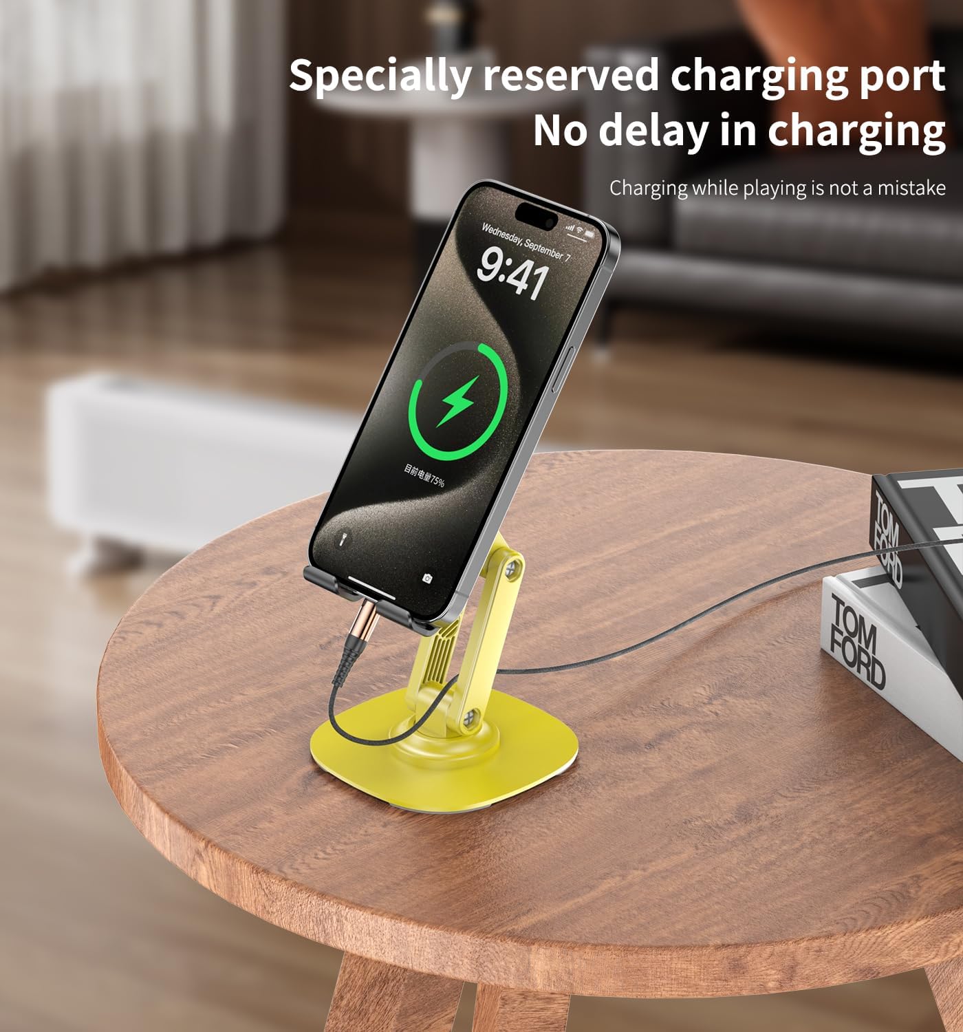 360° Rotating Cell Phone Stand for Desk, Adjustable & Foldable Phone Holder, Aluminum Desktop Phone Stand with Anti-Slip Base, Compatible with iPhone, iPad, Android Phones, K69-Black