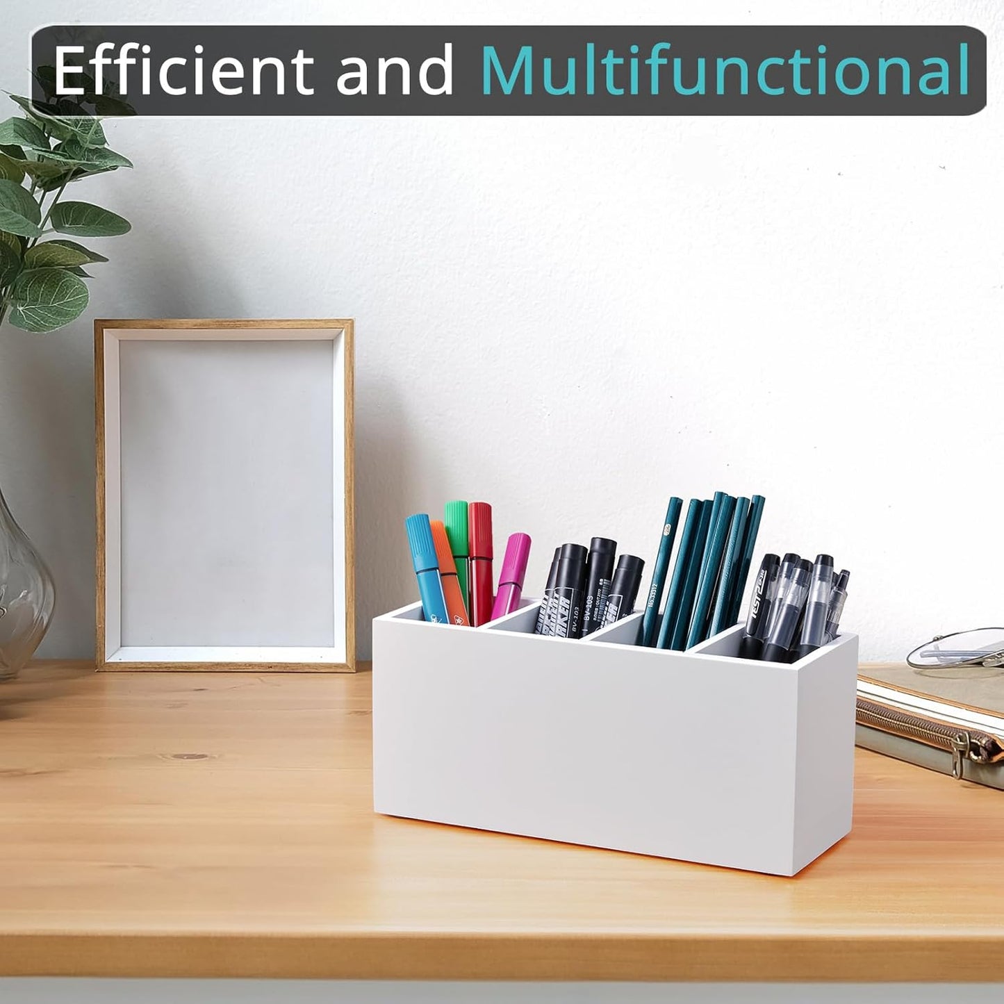 Bivvclaz Pencil Pen Holder for Desk, Acacia Wood Office Desk Organizers and Accessories with 4 Slots for Countertop, Makeup Brush Holder Organizer for Bathroom Vanity, Silverware Caddy for Party