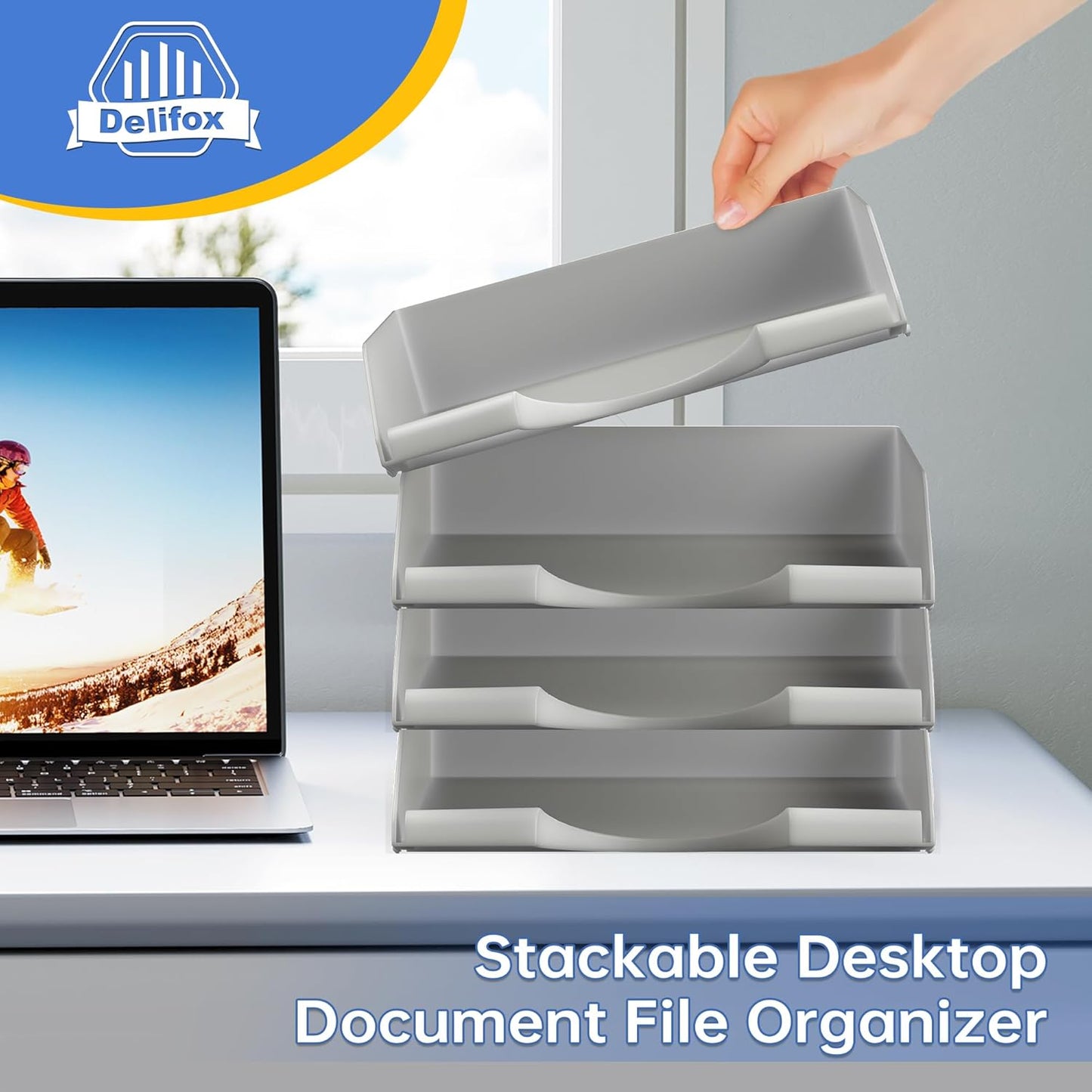 4 Pack Stackable Paper Trays for Letter Documents, Desktop File Organizers for Office Supplies, Stackable Desk Tray Holder for Paper Storage, Black