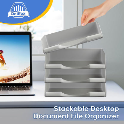 4 Pack Stackable Paper Trays for Letter Documents, Desktop File Organizers for Office Supplies, Stackable Desk Tray Holder for Paper Storage, Black