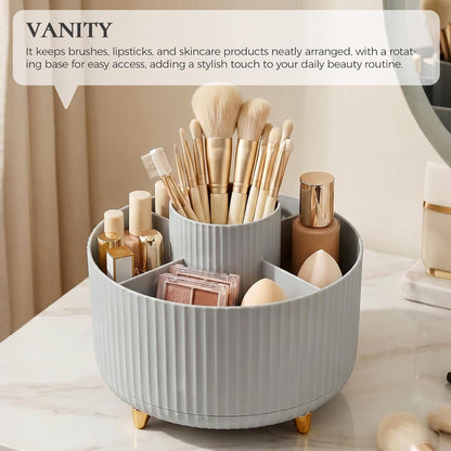 KONVINIT Pencil Pen Holder for Desk, 5 Slots 360 - Degree Rotating Desktop Organizer, Cute Desk Organizers and Accessories for School, Home, Office and Art Supply, Beige